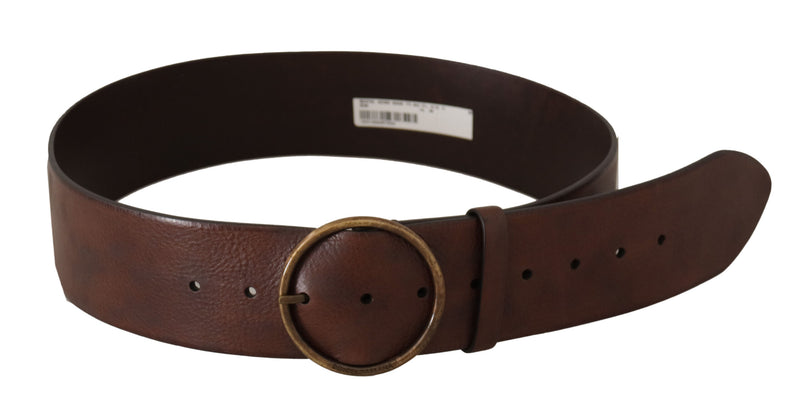 Dolce & Gabbana Brown Leather Dark Wide Waist Metal Round Buckle Belt Glam Steals