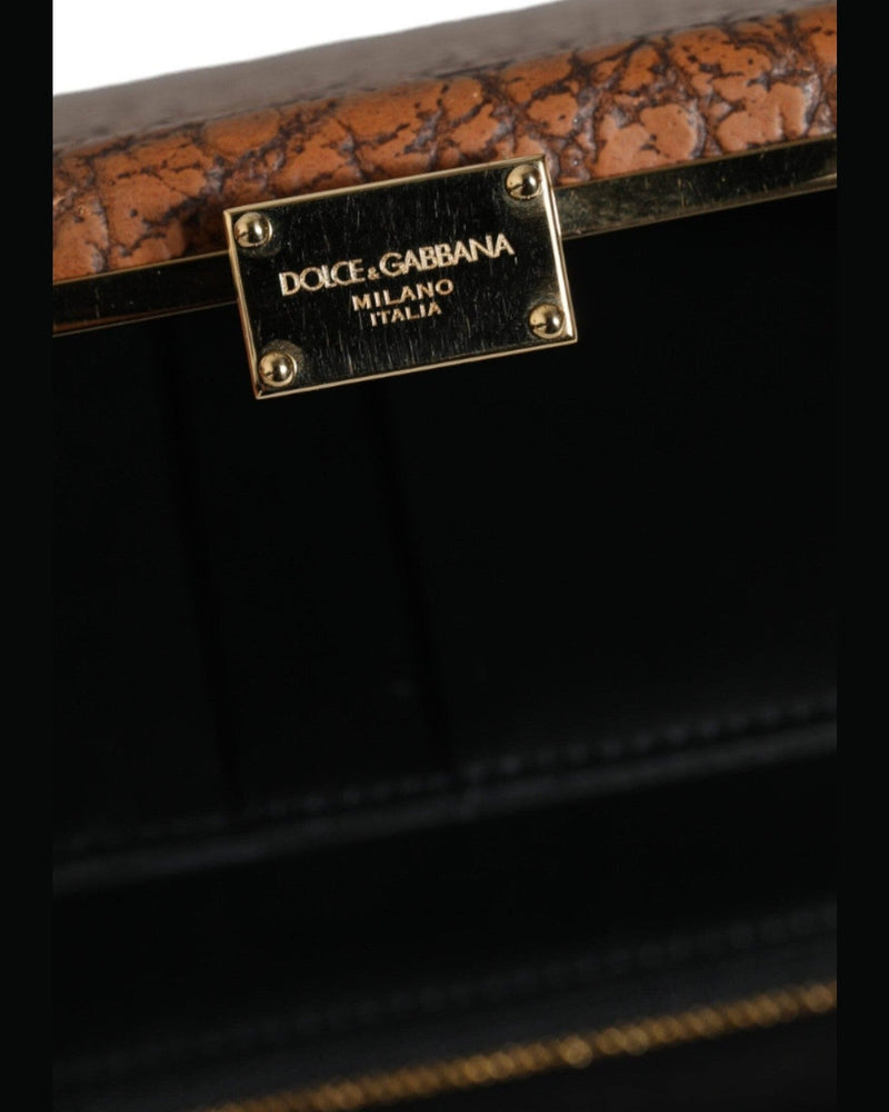 Dolce & Gabbana Leather Frame Clutch Mini Crossbody Brown Gold Bag Glam Steals