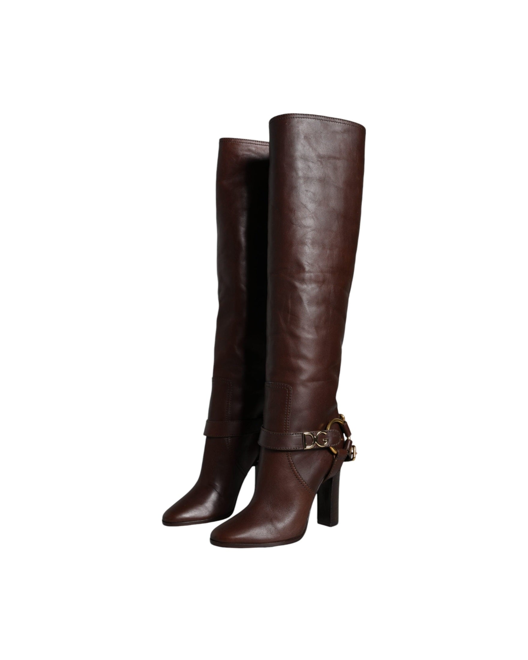 Dolce & Gabbana Brown Leather Gold Tone Logo High Boots Shoes Glam Steals