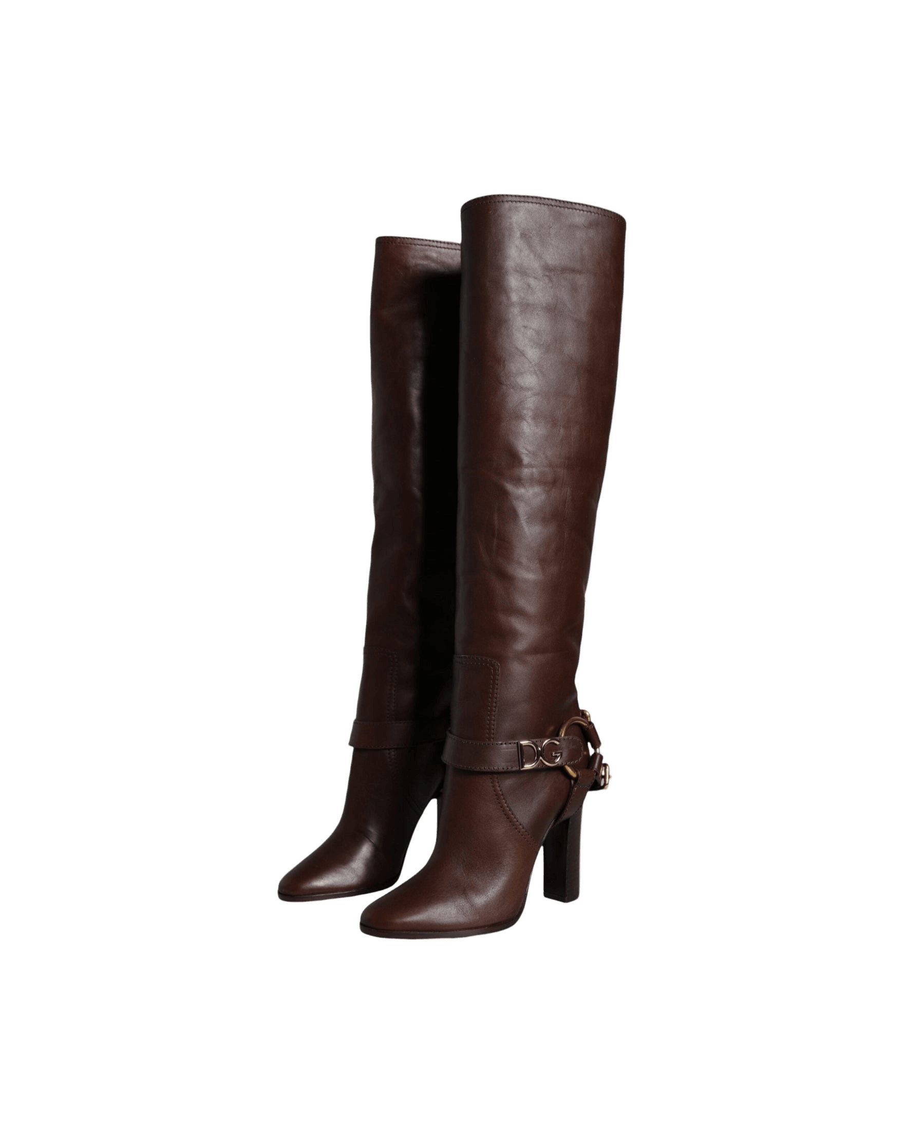 Dolce & Gabbana Brown Leather Gold Tone Logo High Boots Shoes Glam Steals