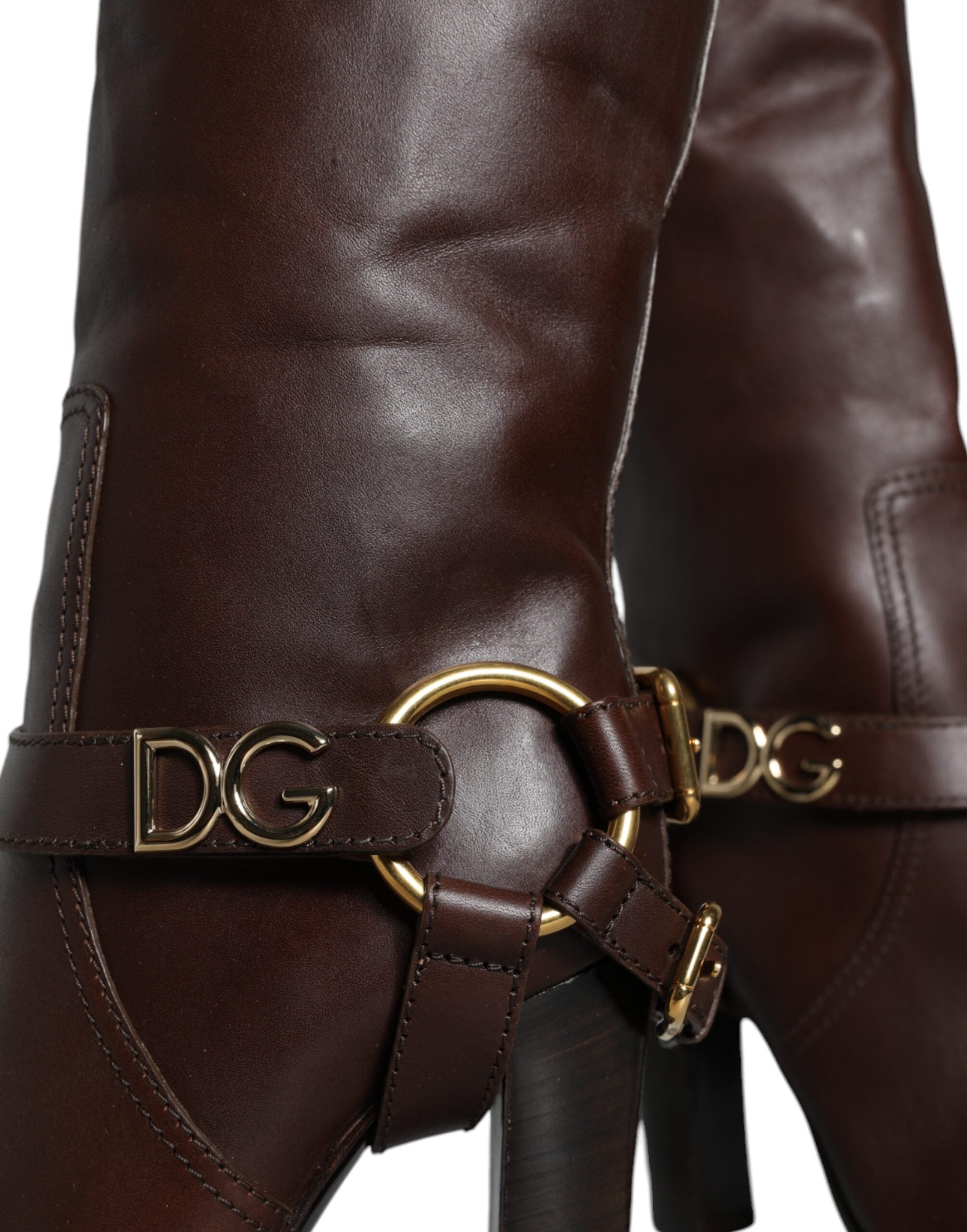 Dolce & Gabbana Brown Leather Gold Tone Logo High Boots Shoes Glam Steals
