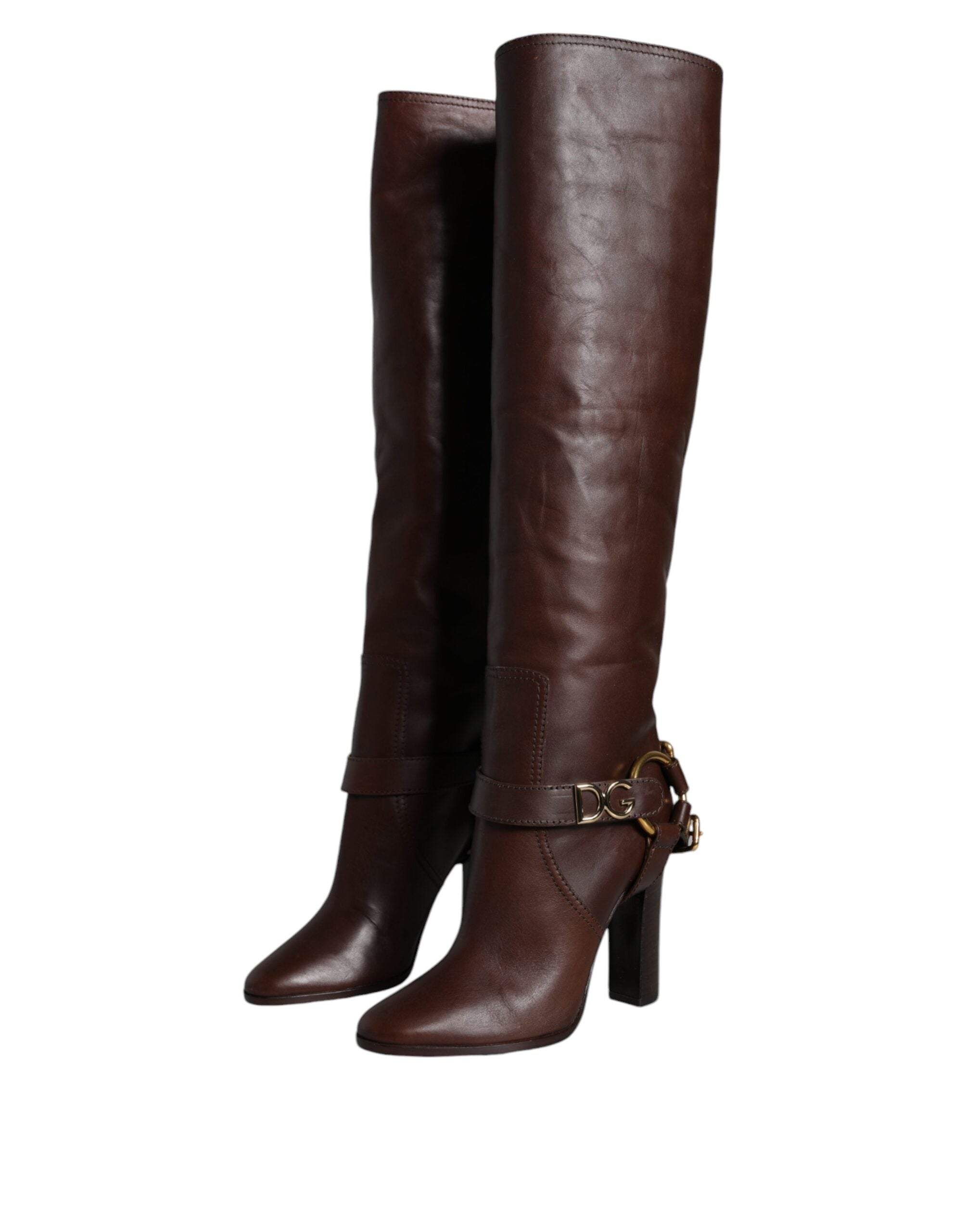 Dolce & Gabbana Brown Leather Gold Tone Logo High Boots Shoes Glam Steals