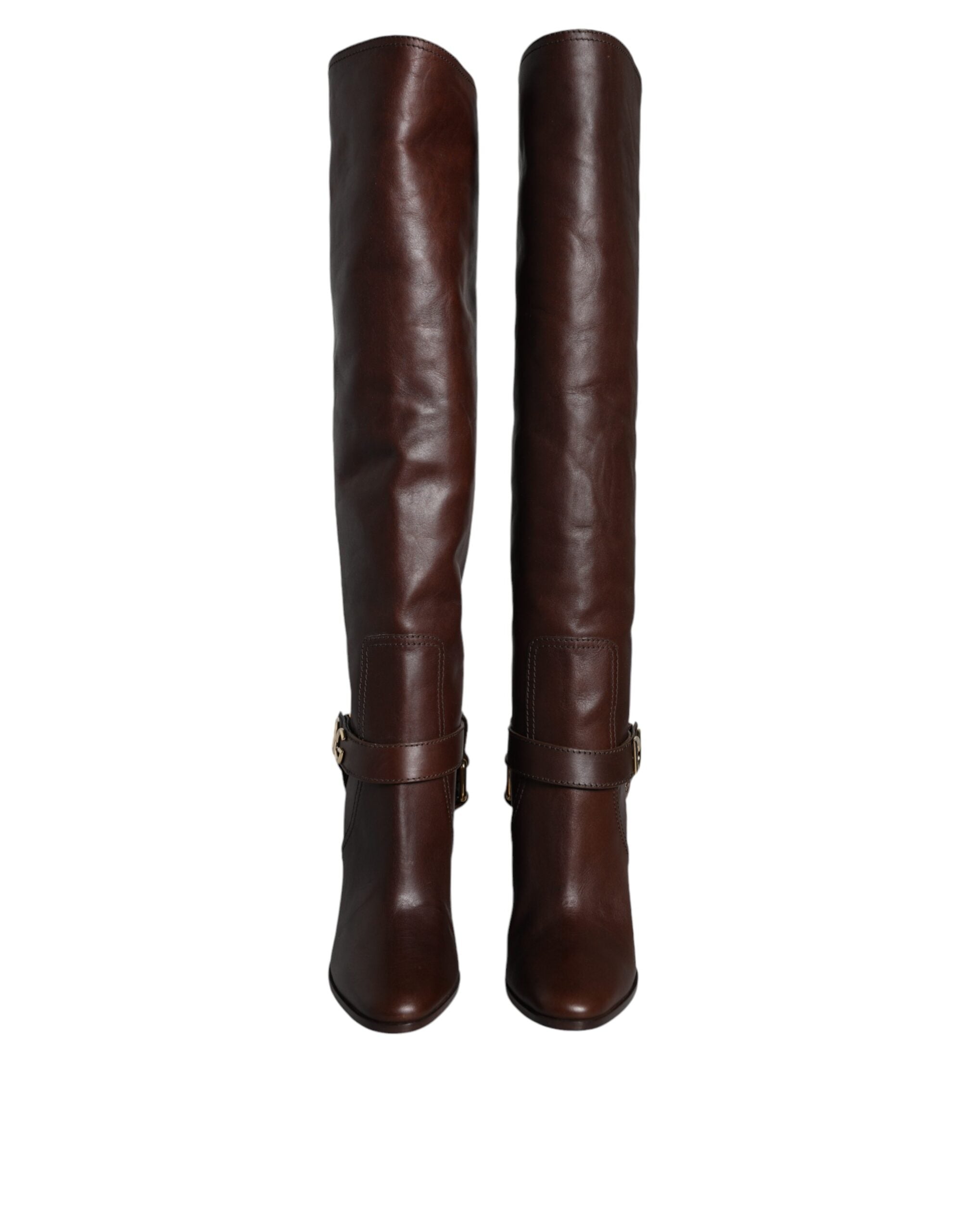 Dolce & Gabbana Brown Leather Gold Tone Logo High Boots Shoes Glam Steals