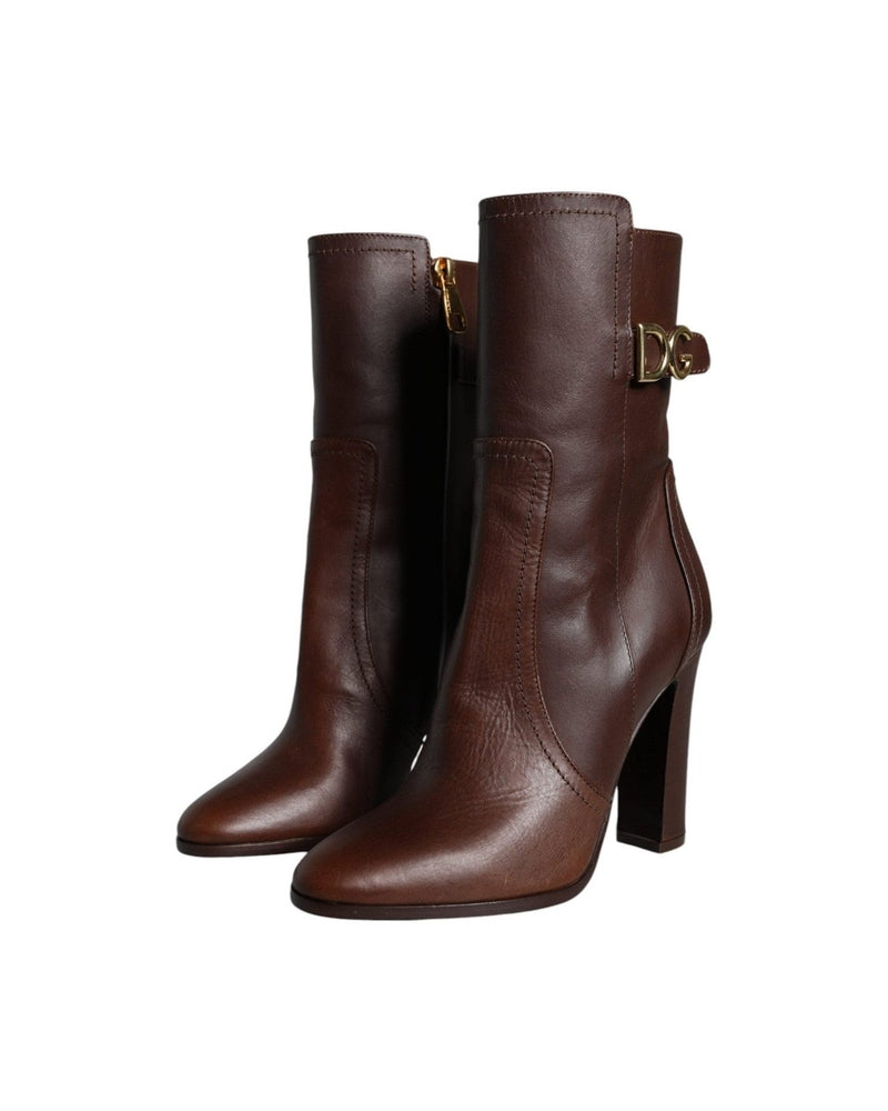 Dolce & Gabbana Brown Leather Heels Mid Calf Boots Shoes Glam Steals