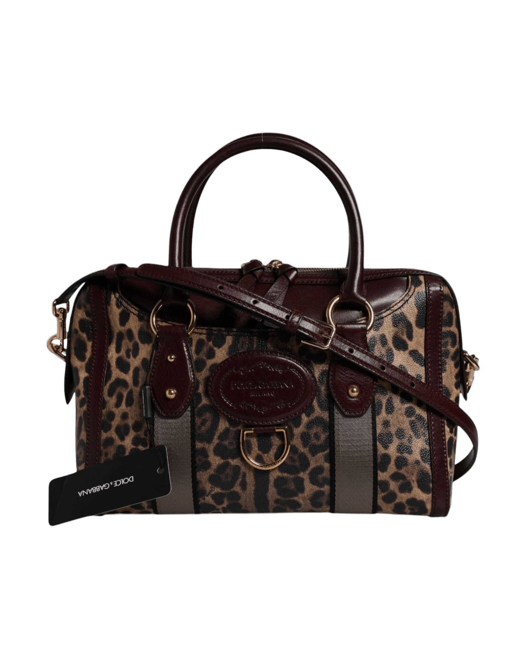 Dolce & Gabbana Brown Leather Leopard Shoulder Strap Duffle Bag Glam Steals