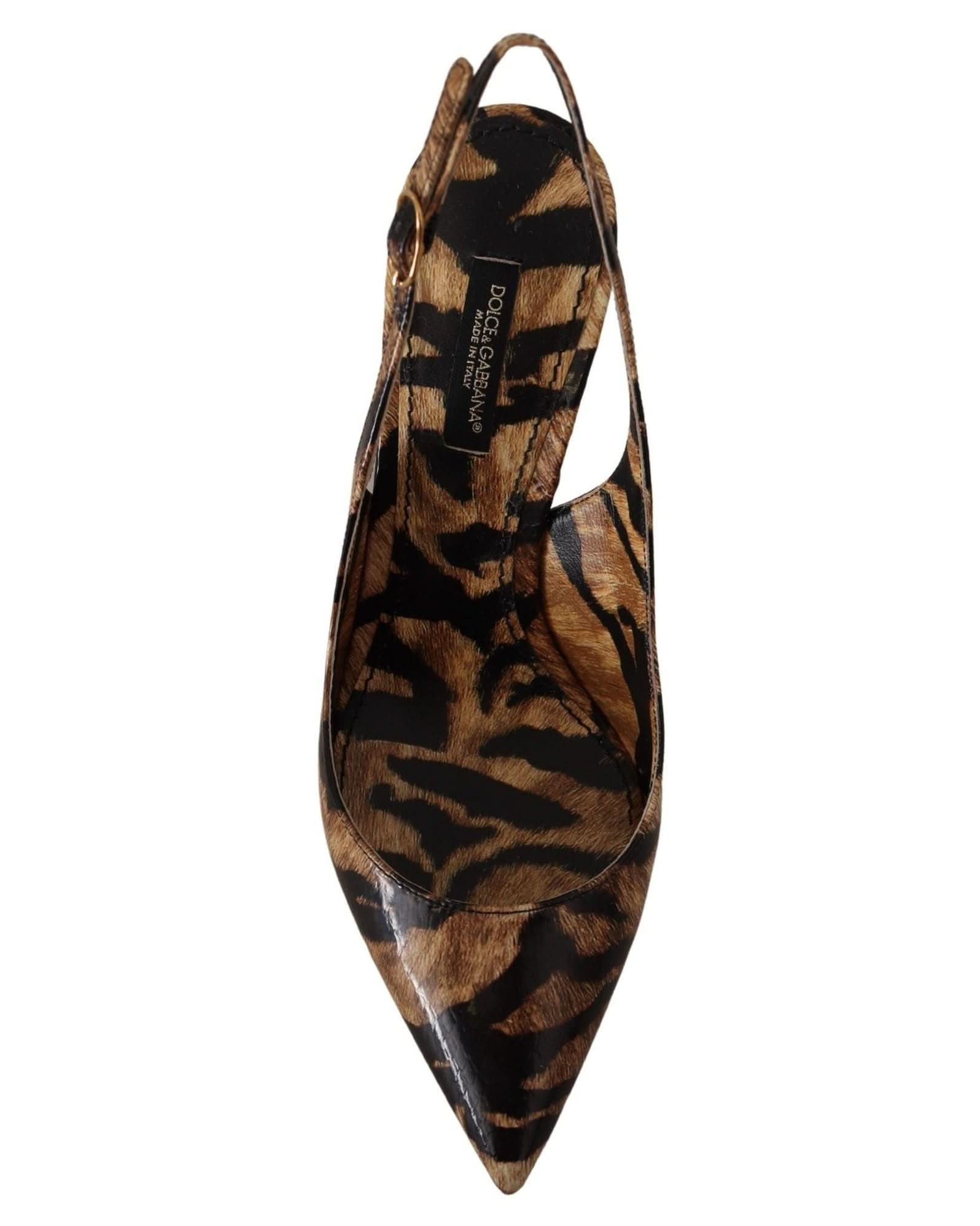 Dolce & Gabbana Brown Leather Slingbacks Tiger Shoes Heels