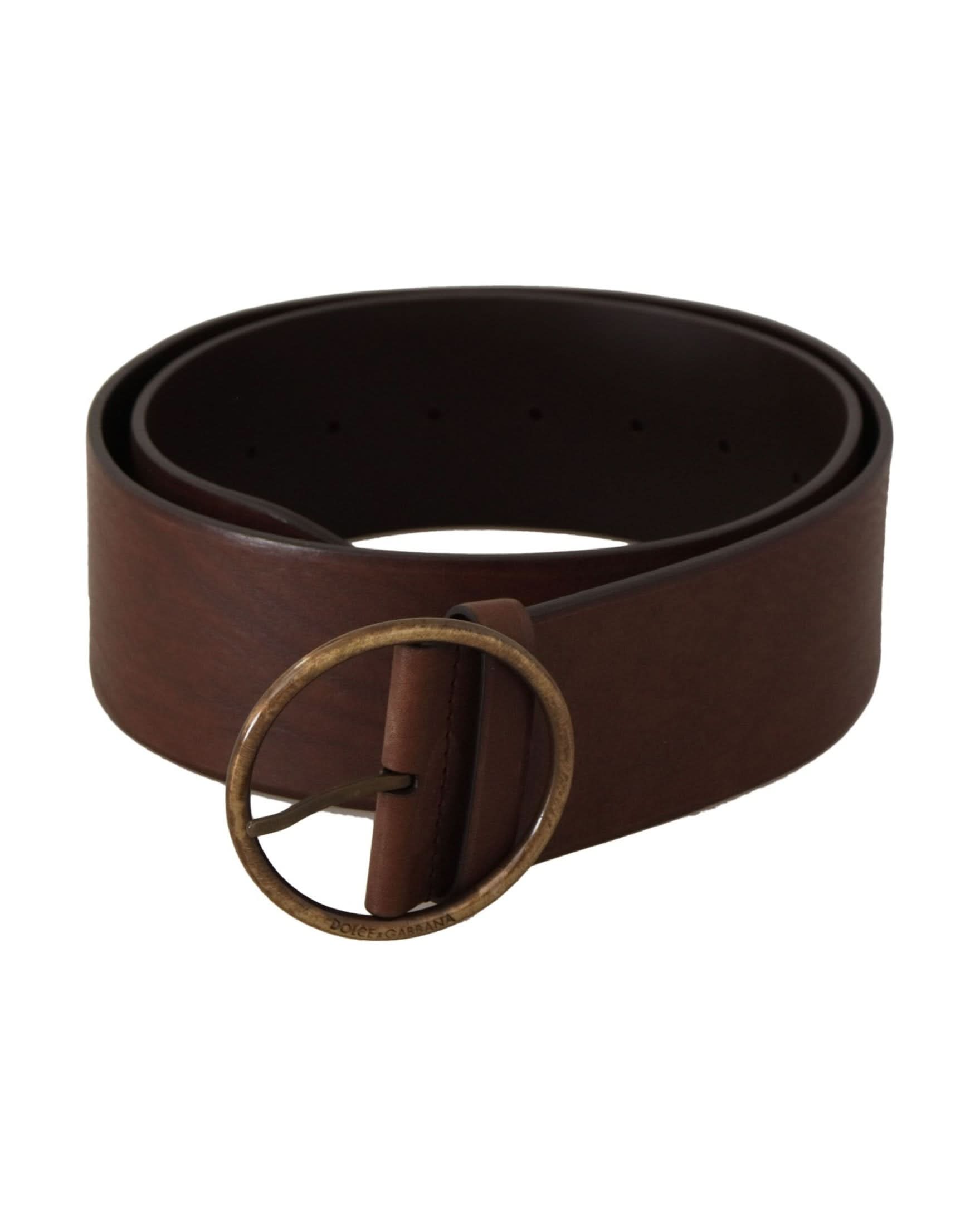 Dolce & Gabbana Brown Leather Wide Waist Logo Metal Round Buckle Belt Belts