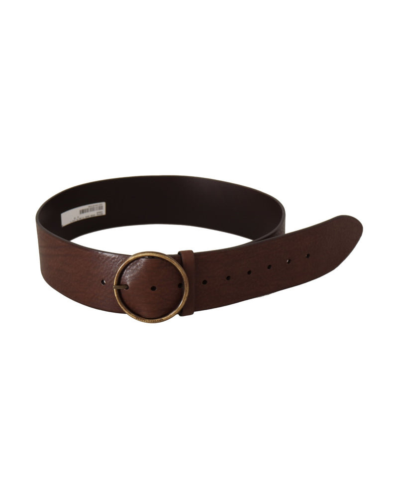 Dolce & Gabbana Brown Leather Wide Waist Logo Metal Round Buckle Belt Glam Steals