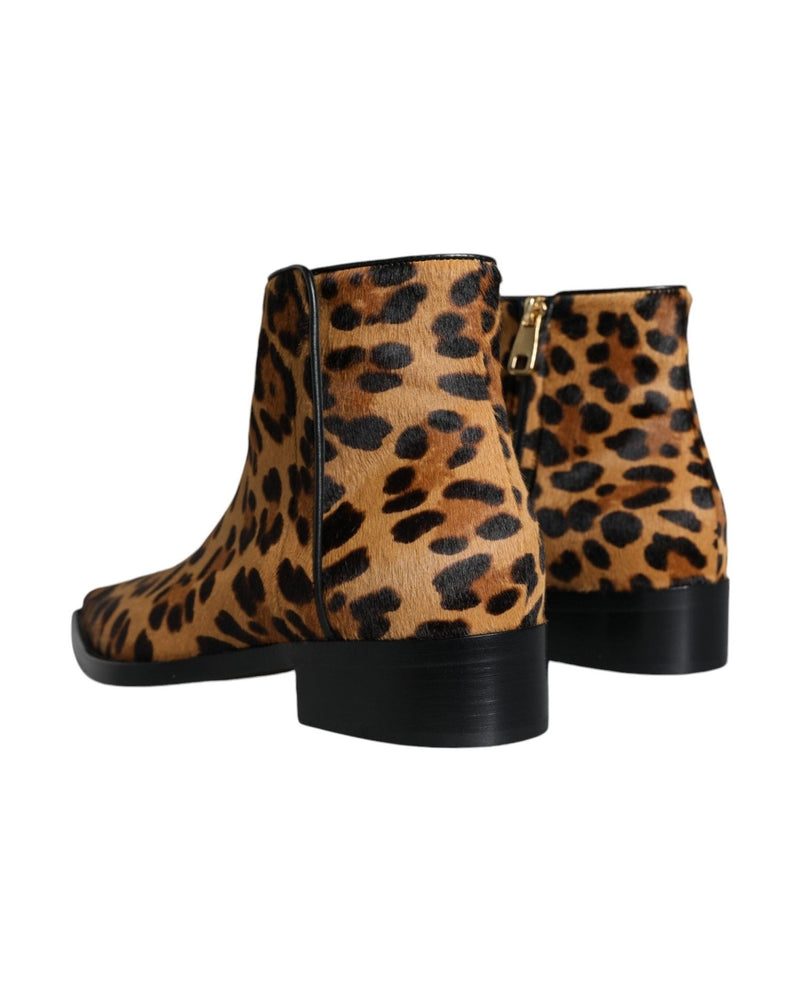 Dolce & Gabbana Brown Leopard Calf Fur Ankle Boots Shoes Boots