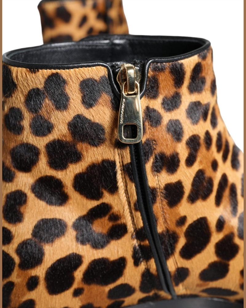 Dolce & Gabbana Brown Leopard Calf Fur Ankle Boots Shoes Boots