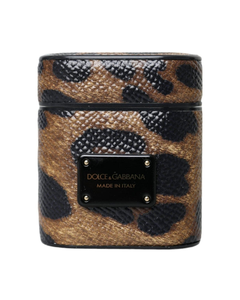 Dolce & Gabbana Leopard Calf Leather Metal Logo Plaque Airpods Brown Case Glam Steals