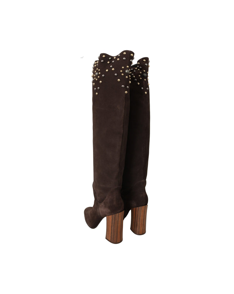 Dolce & Gabbana Brown Suede Studded Knee High Shoes Boots Glam Steals