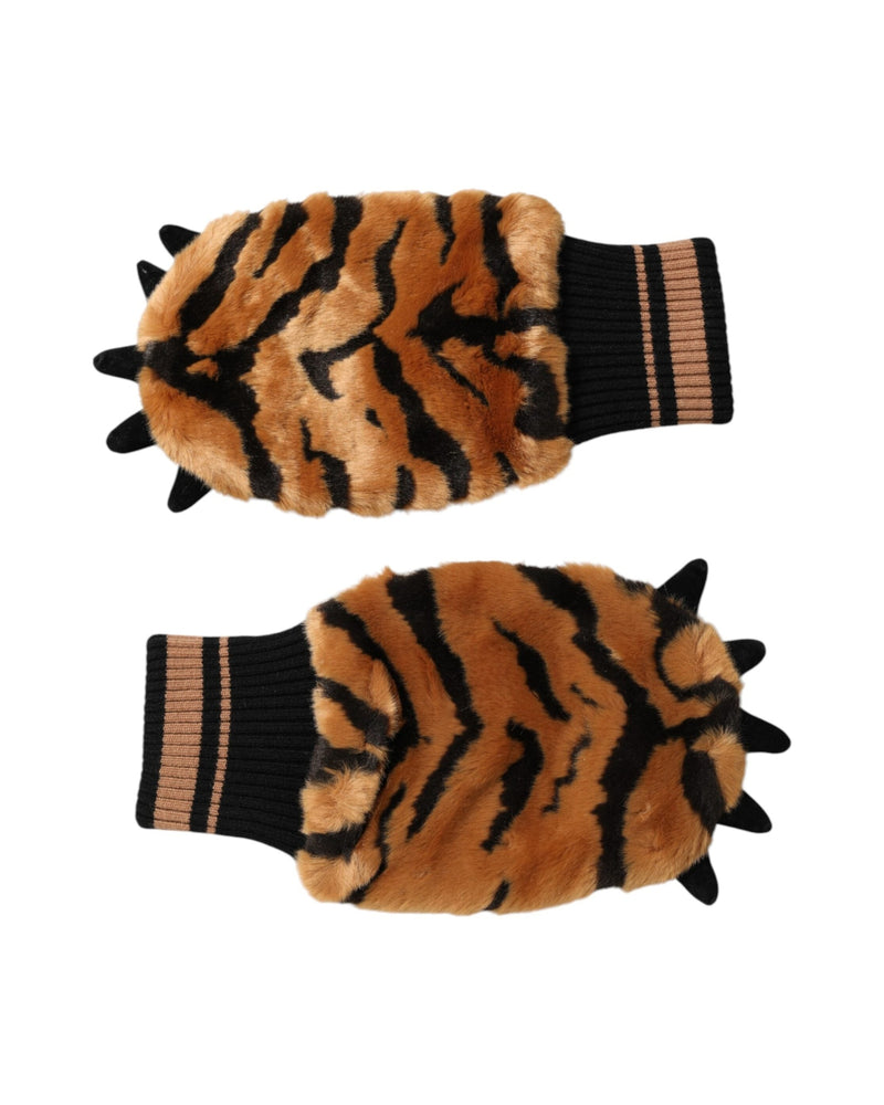 Dolce & Gabbana Brown Tiger Knitted Fur Wrist Mitten Gloves Glam Steals