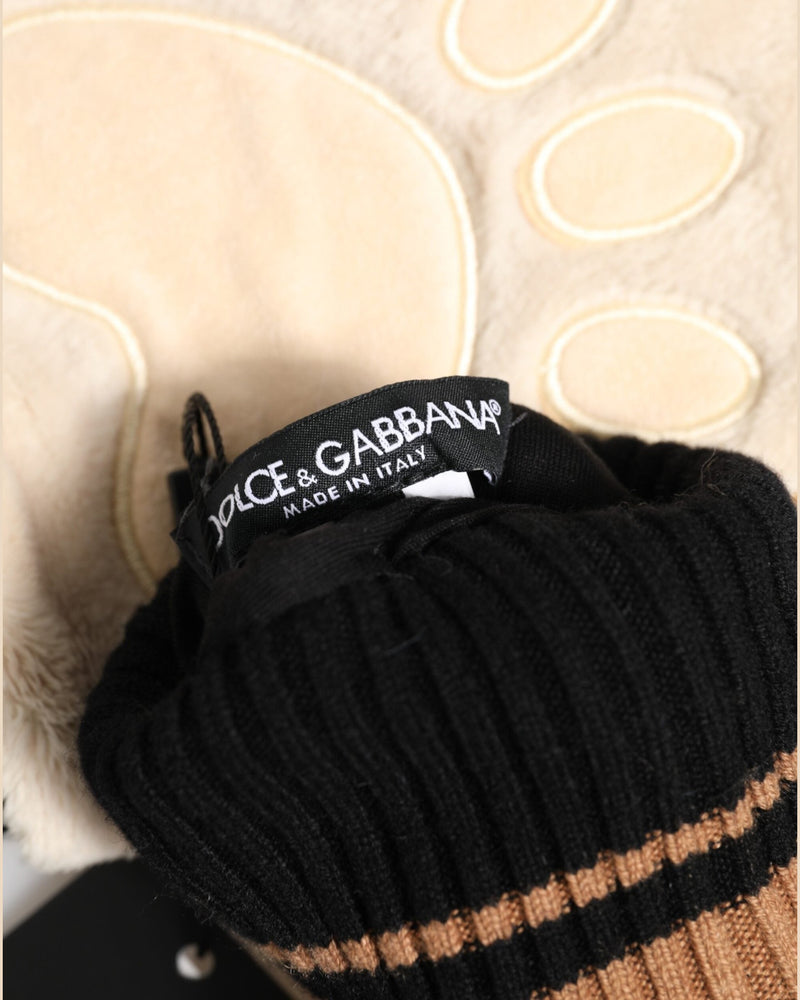 Dolce & Gabbana Brown Tiger Knitted Fur Wrist Mitten Gloves Glam Steals
