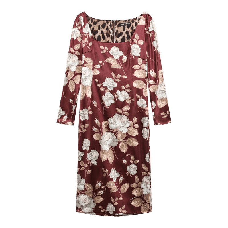 Dolce & Gabbana Burgundy Satin Dress with Floral Print Glam Steals