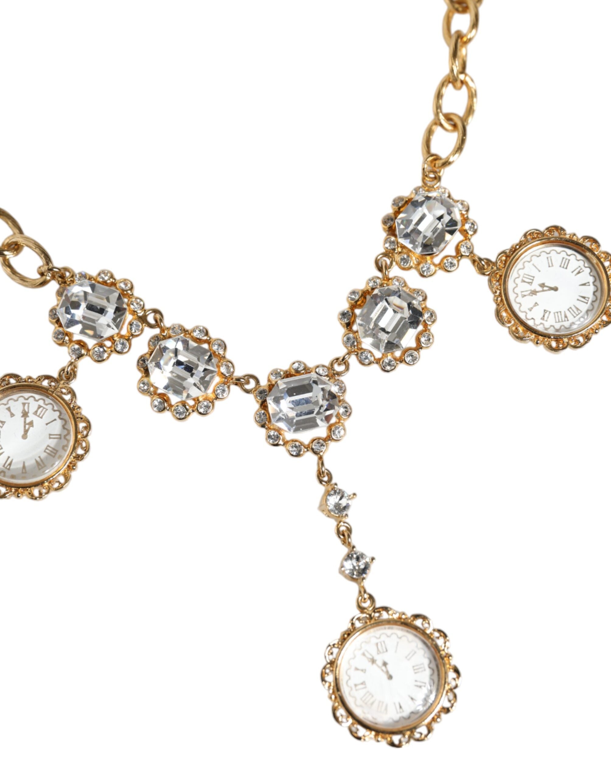 Dolce & Gabbana Chain Brass Crystal Clock Statement Gold Necklace Glam Steals