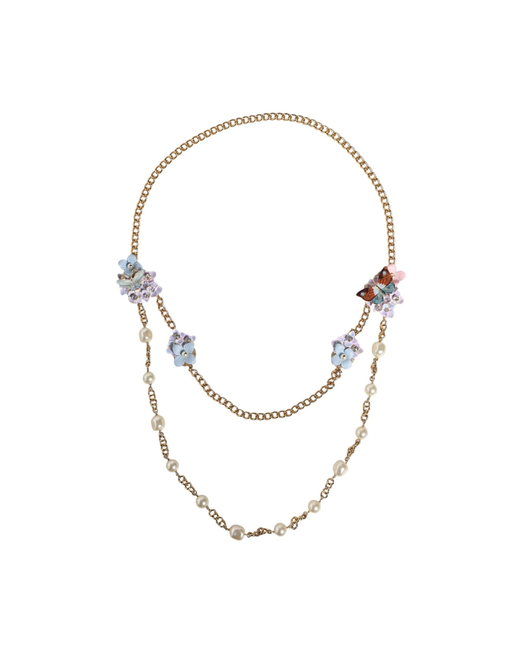 Dolce & Gabbana Chain Brass Floral Layered Crystal Pearl Gold Necklace Glam Steals