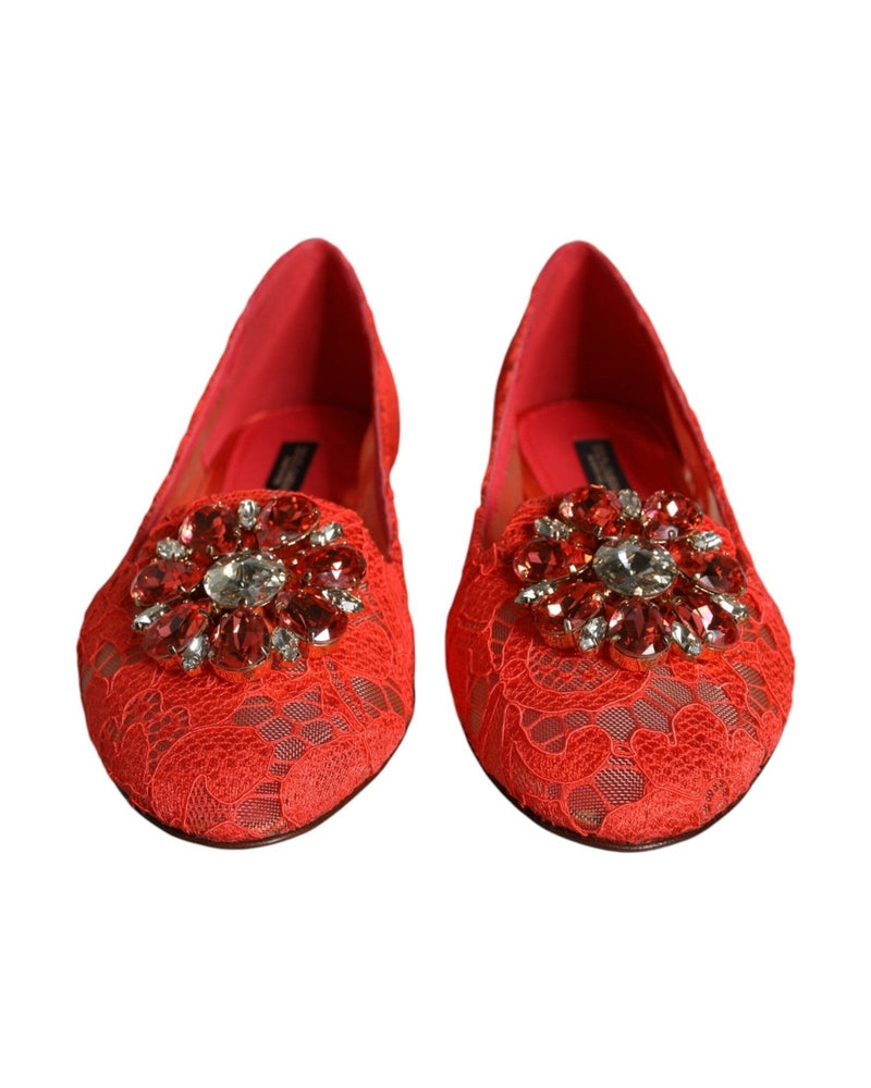 Dolce & Gabbana Coral Lace Crystal Ballet Flats Loafers Shoes Flats