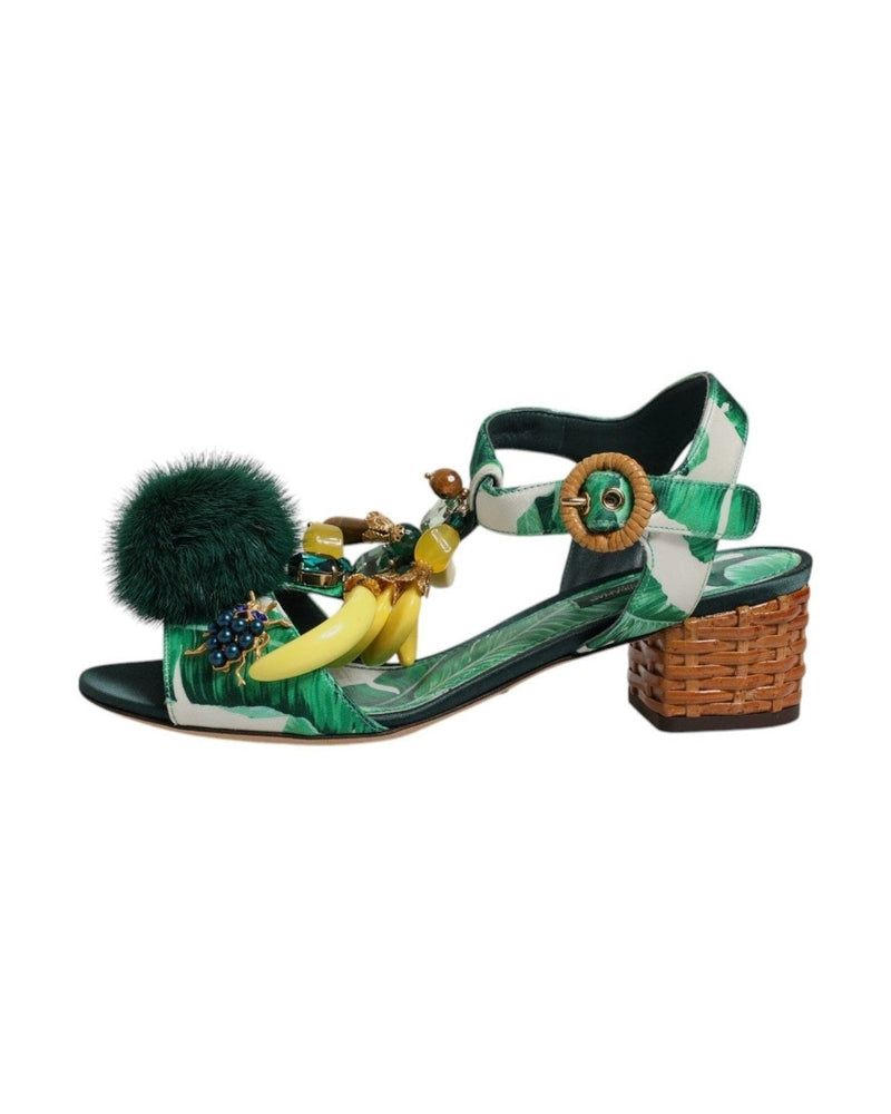 Dolce & Gabbana Crystal Fur Embellished Sandals Green Shoes Heels