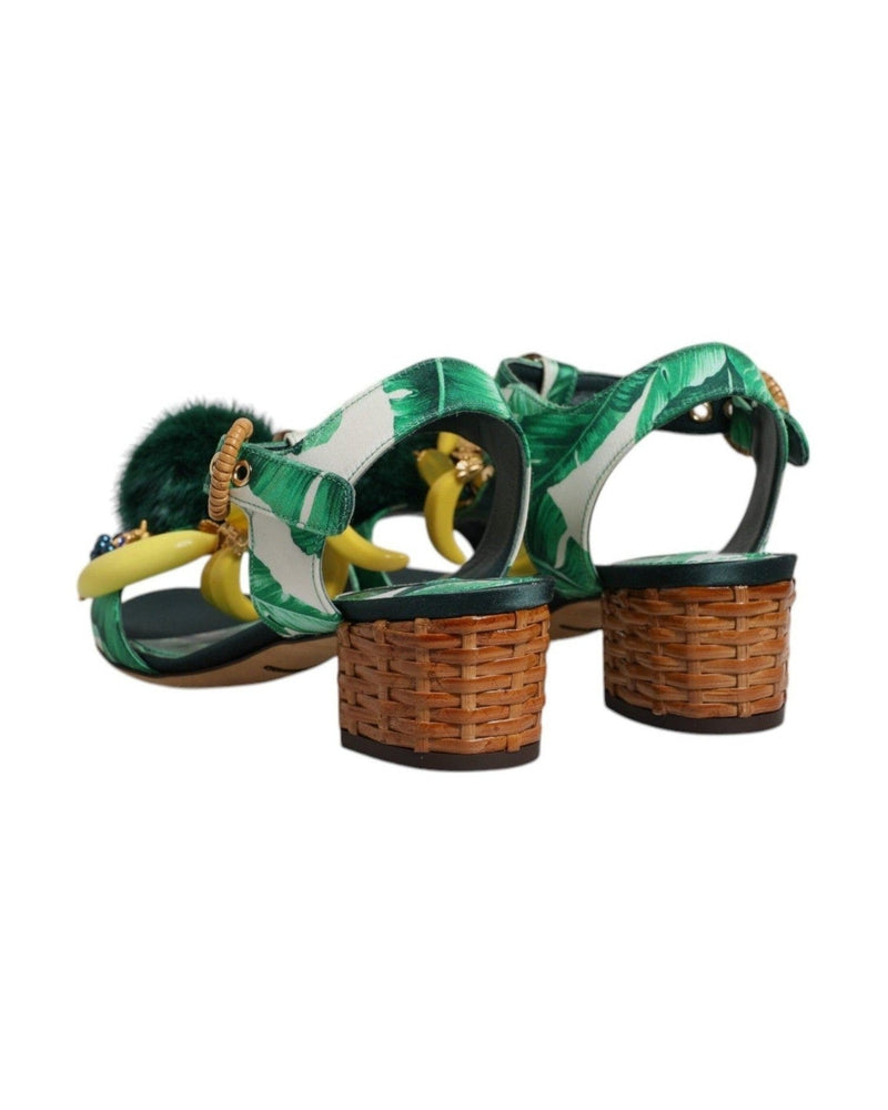 Dolce & Gabbana Crystal Fur Embellished Sandals Green Shoes Heels