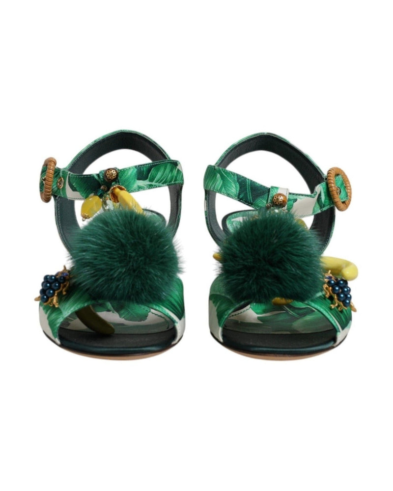 Dolce & Gabbana Crystal Fur Embellished Sandals Green Shoes Heels