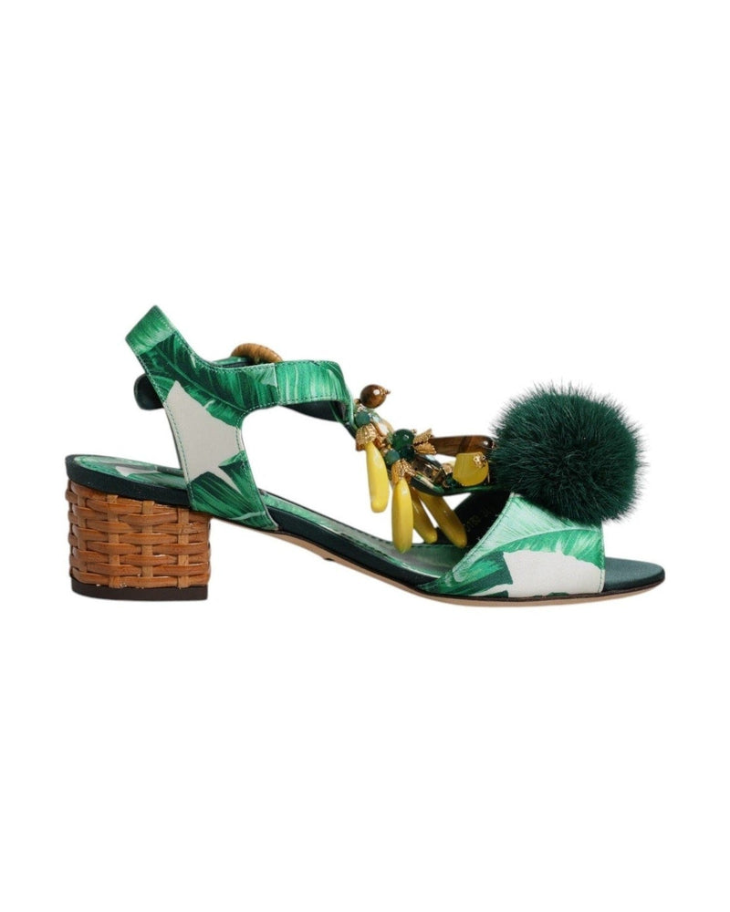 Dolce & Gabbana Crystal Fur Embellished Sandals Green Shoes Glam Steals