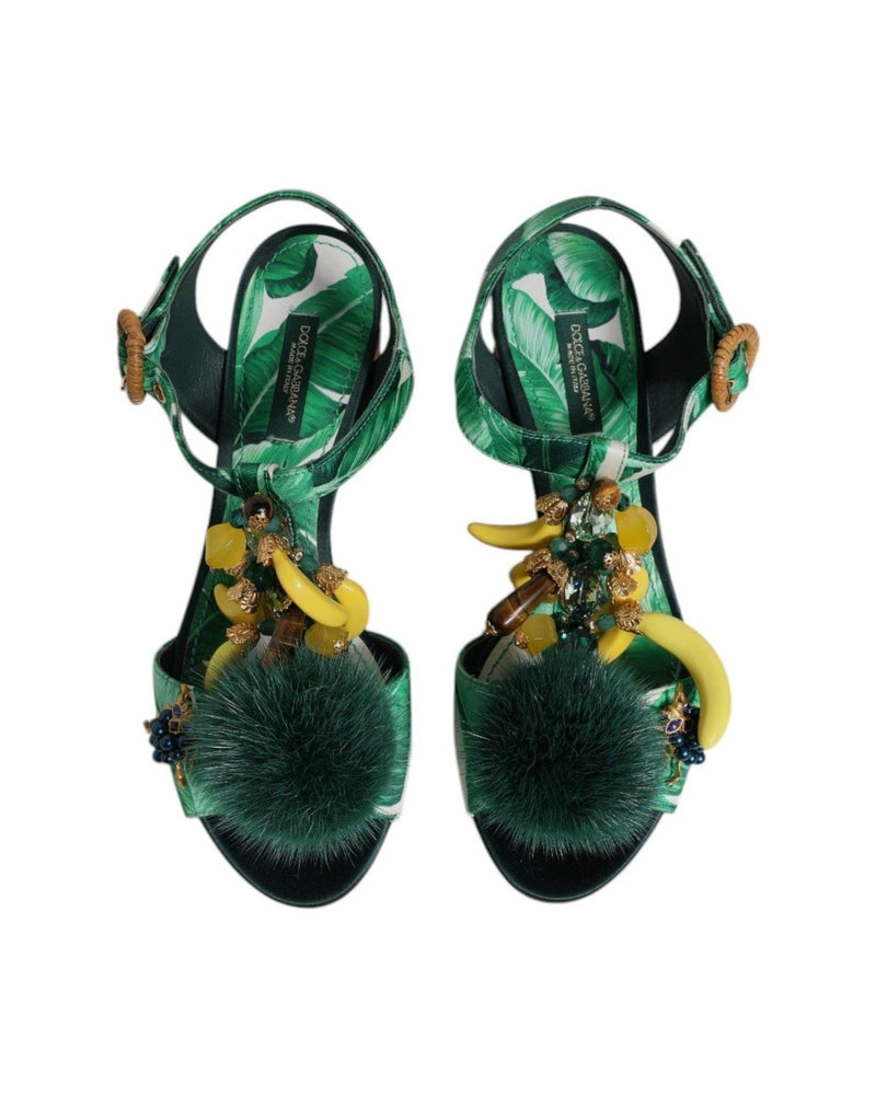 Dolce & Gabbana Crystal Fur Embellished Sandals Green Shoes Glam Steals