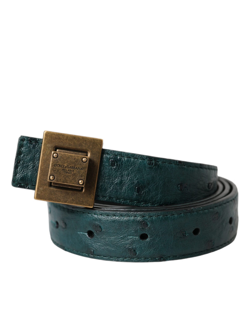 Dolce & Gabbana Dark Green Leather Square Metal Buckle Belt Glam Steals