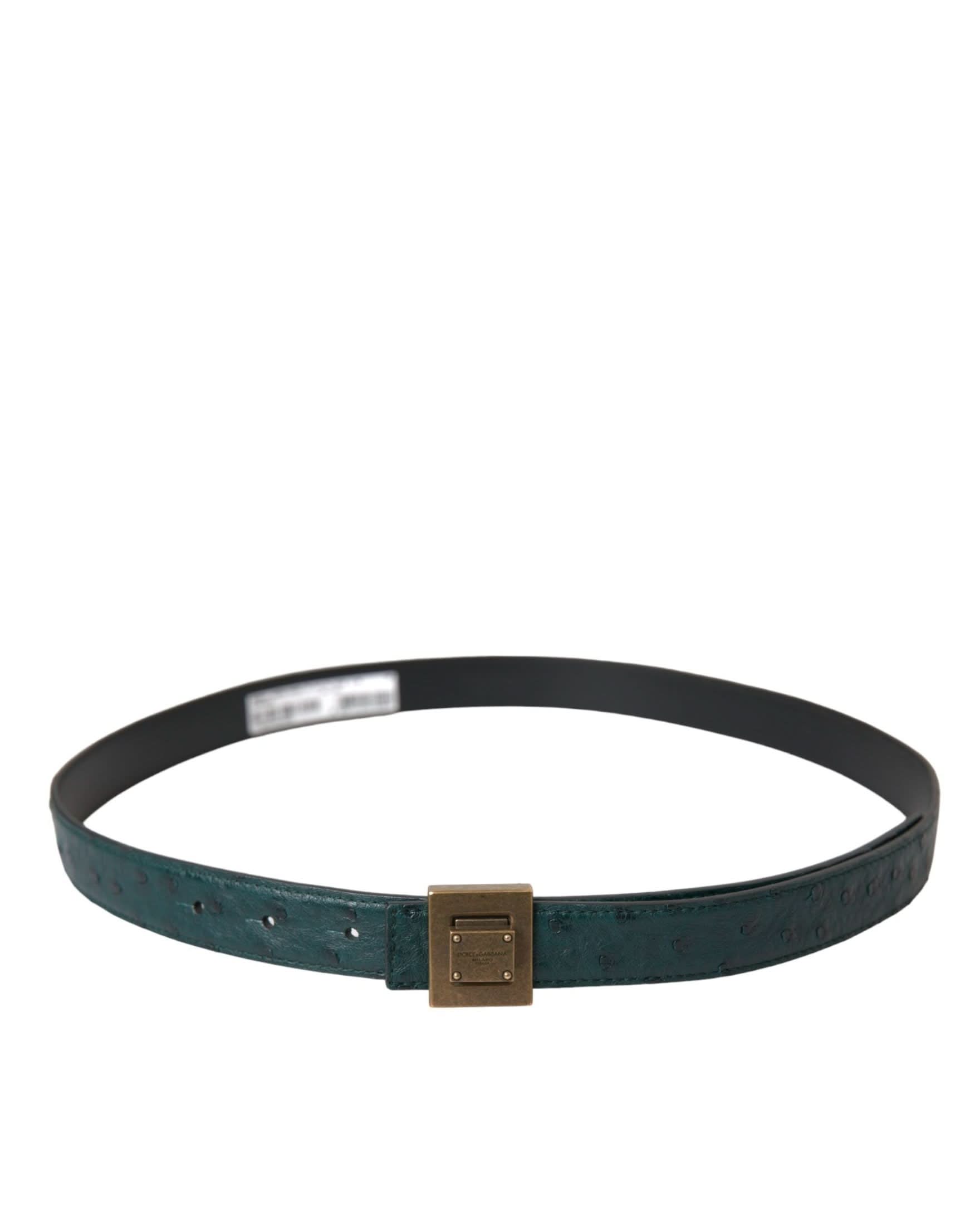 Dolce & Gabbana Dark Green Leather Square Metal Buckle Belt Belts