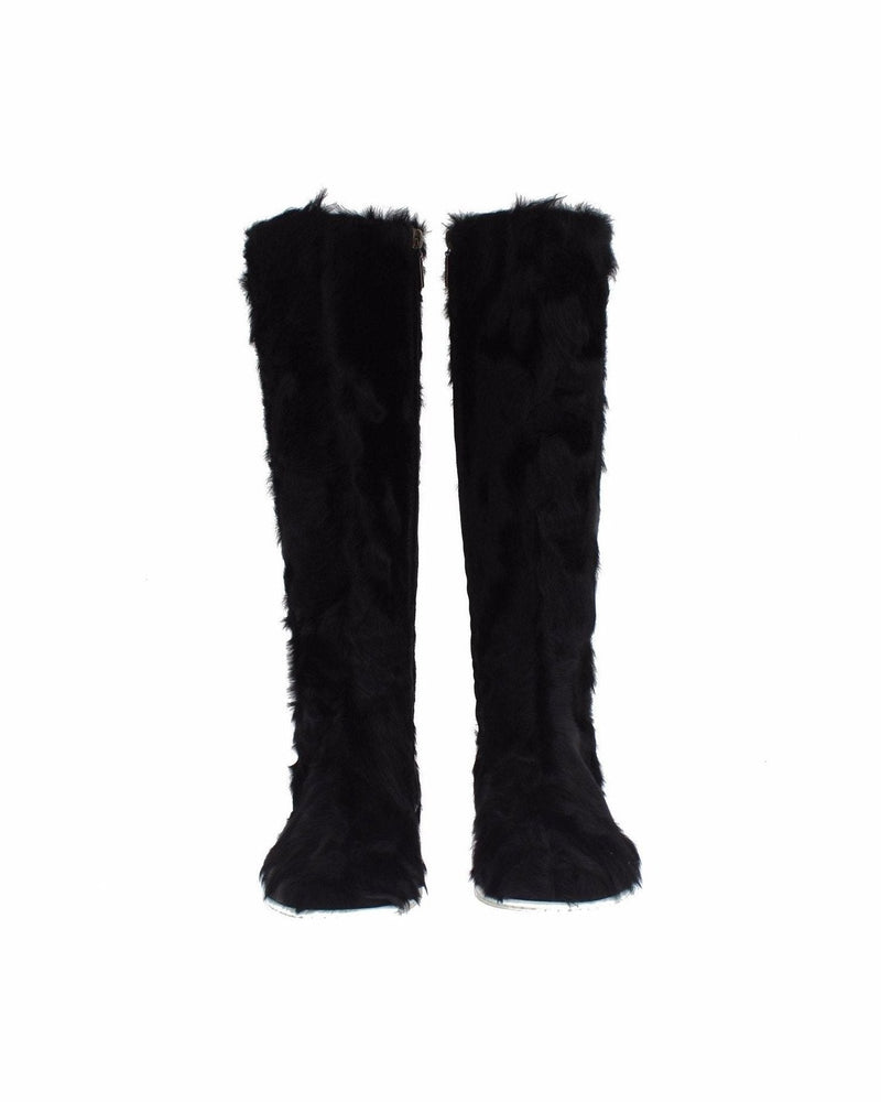 Dolce & Gabbana Elegant Fur Leather Flat Sneaker Black Boots Glam Steals