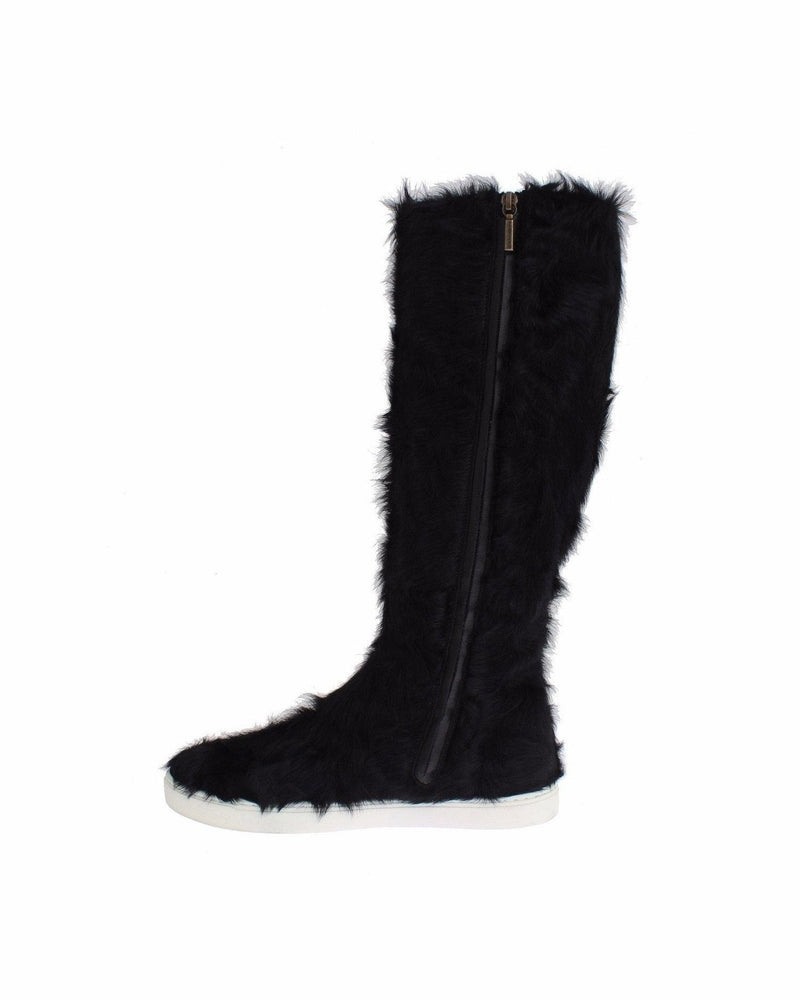 Dolce & Gabbana Elegant Fur Leather Flat Sneaker Black Boots Glam Steals