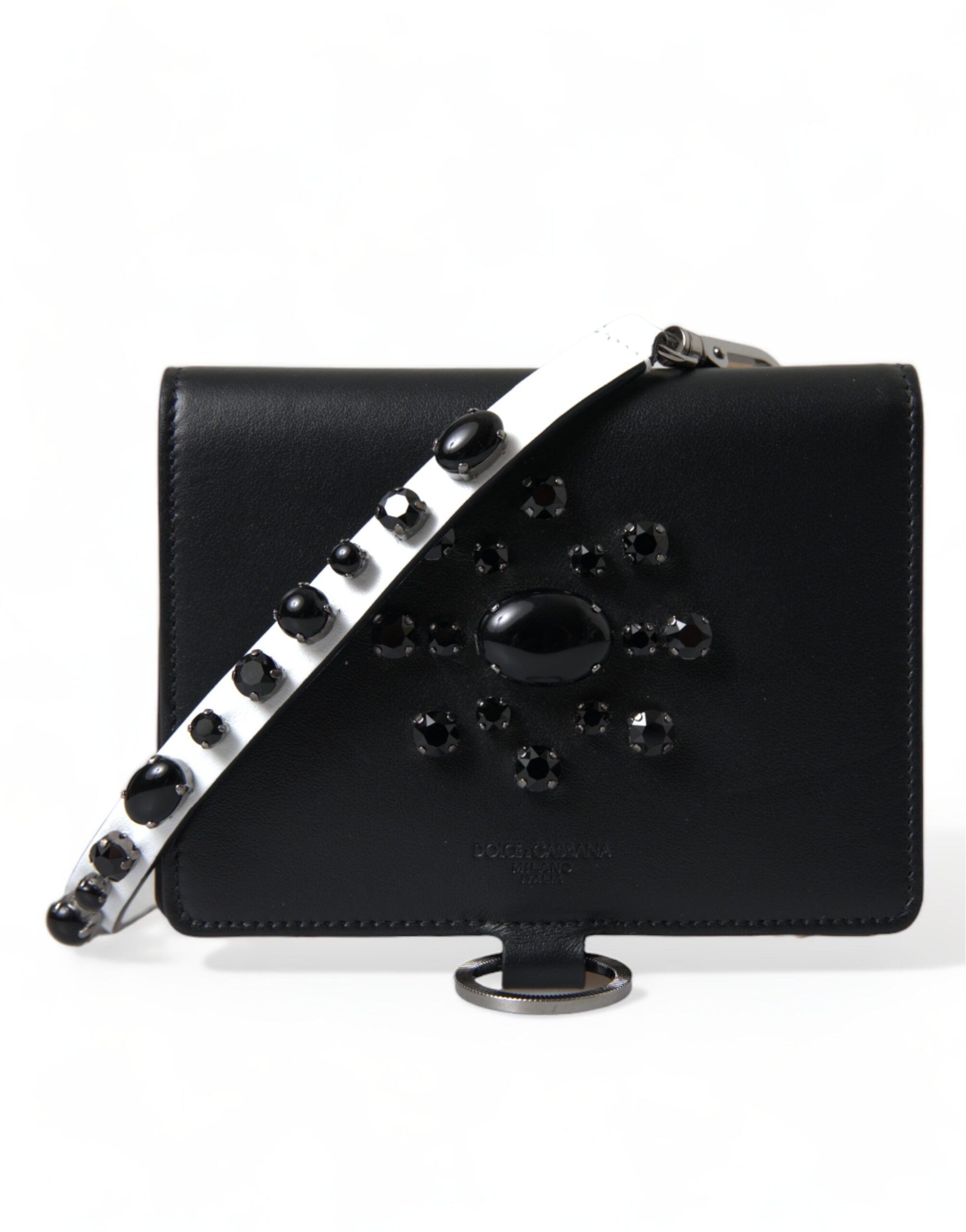 Dolce & Gabbana Elegant Leather Crystal Card Holder Black Wallet