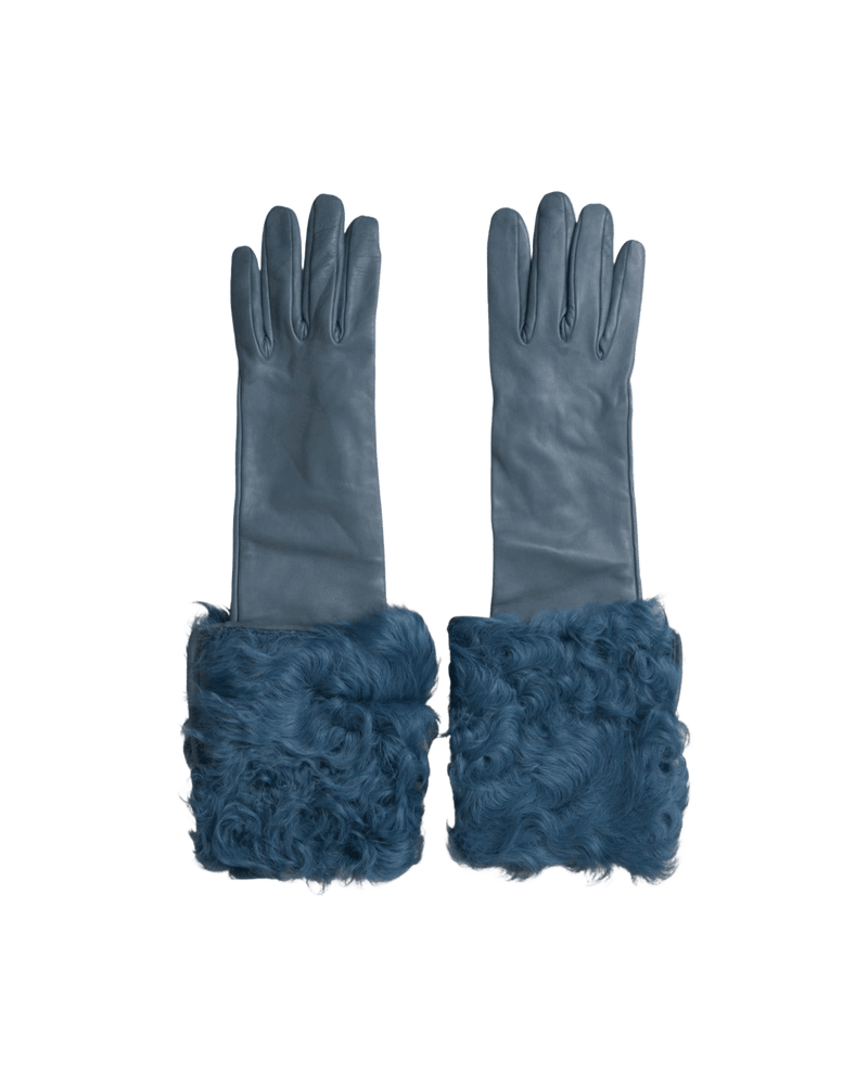 Dolce & Gabbana Elegant Leather Gloves With Fur Blue Trim Glam Steals