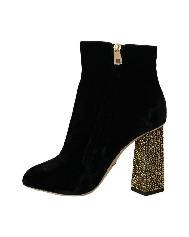 Dolce & Gabbana Elegant Velvet Ankle Boots With Crystal Heels Glam Steals