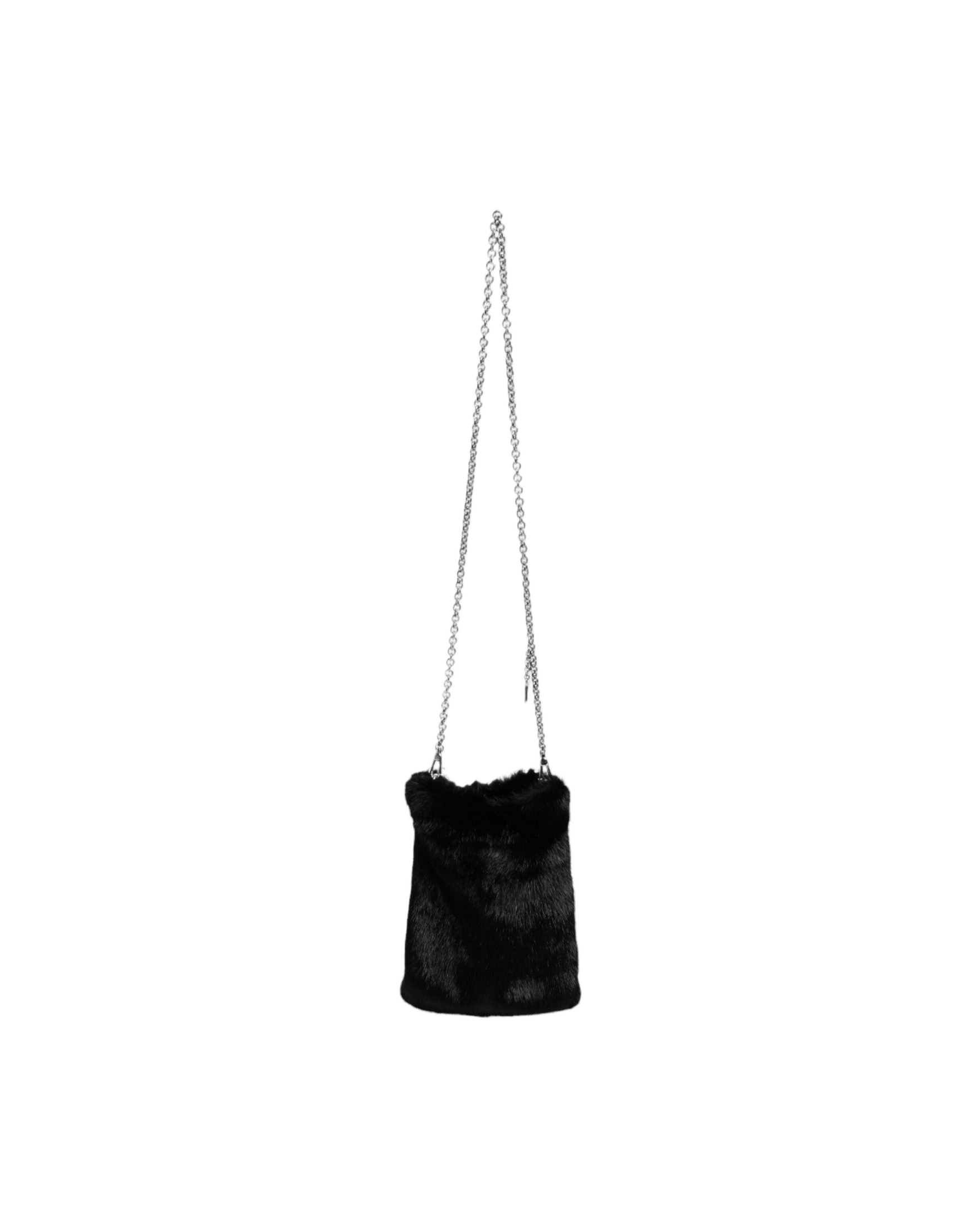 Dolce & Gabbana Faux Fur Chain Crossbody Shoulder Purse Black Silver Bag Glam Steals