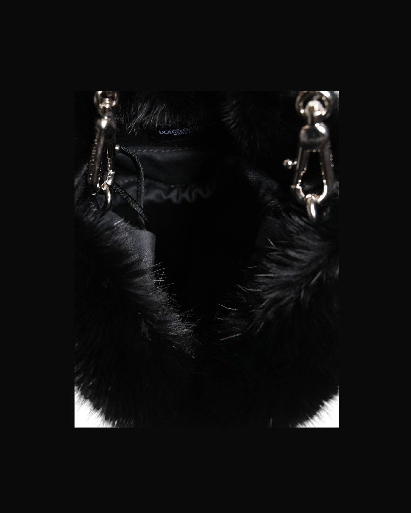 Dolce & Gabbana Faux Fur Chain Crossbody Shoulder Purse Black Silver Bag Glam Steals