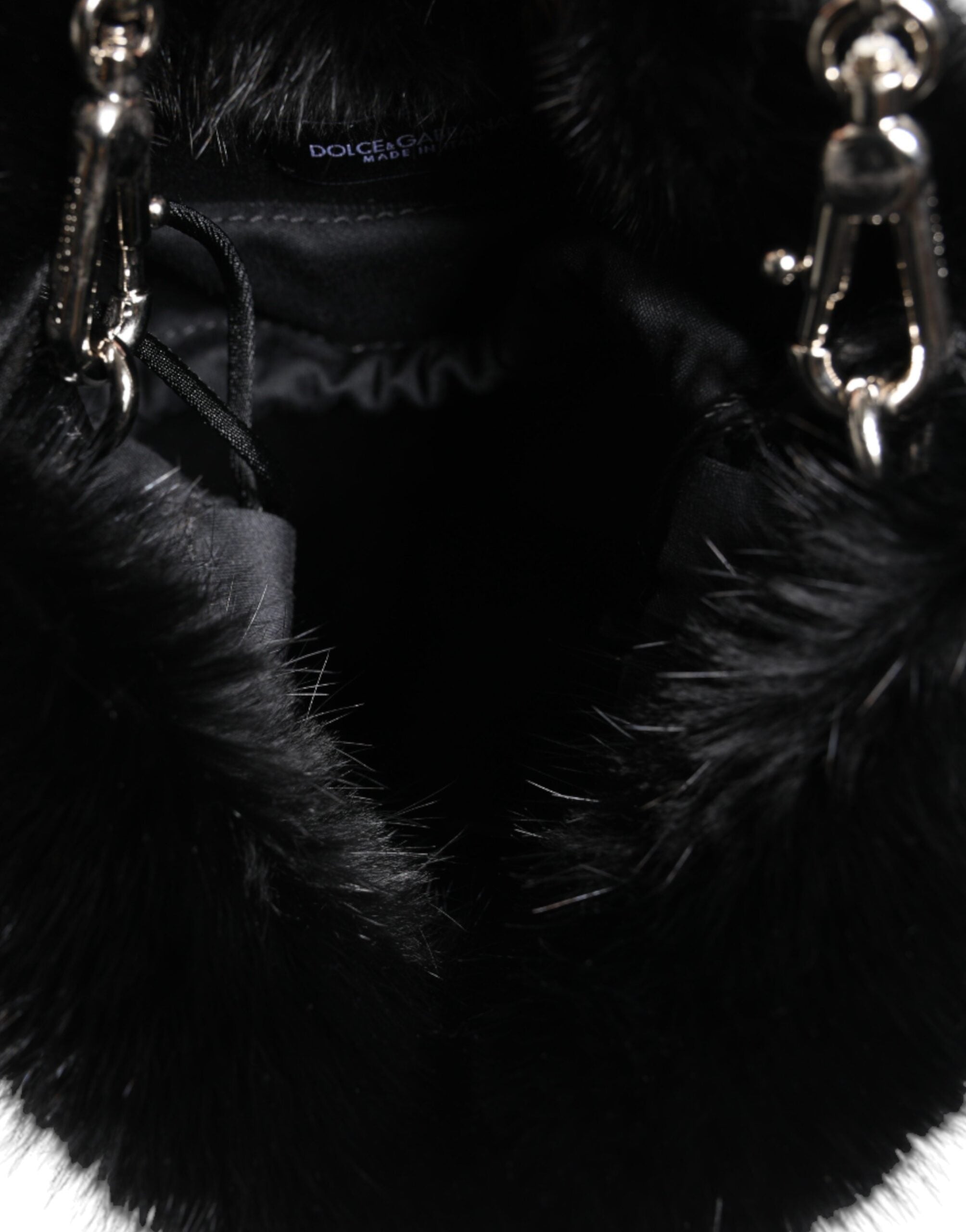 Dolce & Gabbana Faux Fur Chain Crossbody Shoulder Purse Black Silver Bag Glam Steals