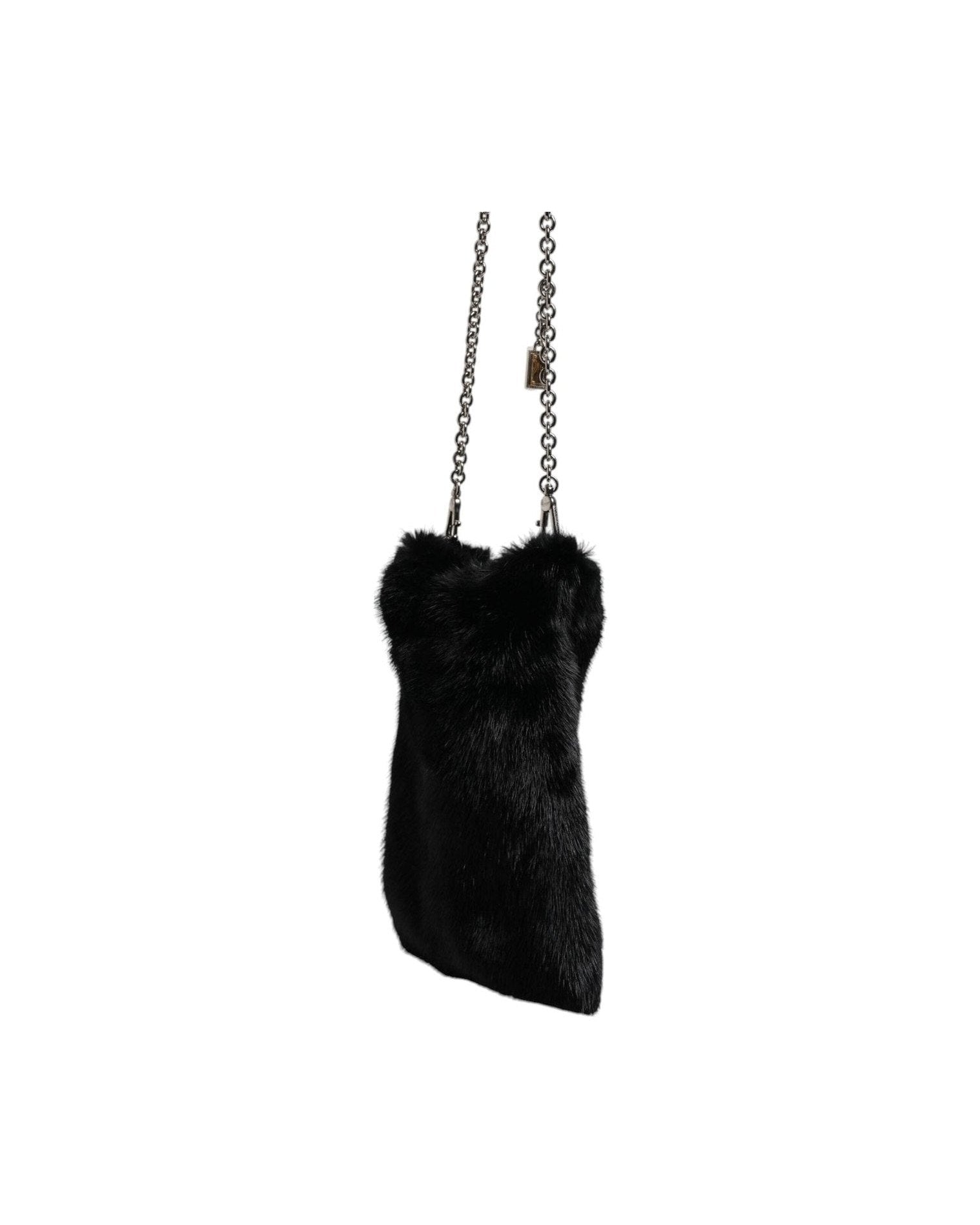 Dolce & Gabbana Faux Fur Chain Crossbody Shoulder Purse Black Silver Bag Glam Steals
