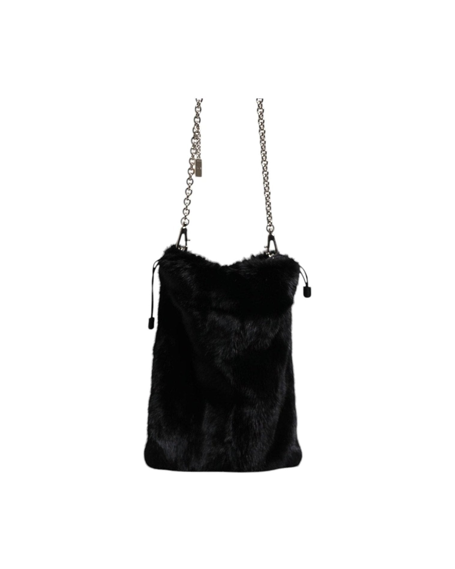 Dolce & Gabbana Faux Fur Chain Crossbody Shoulder Purse Black Silver Bag Glam Steals