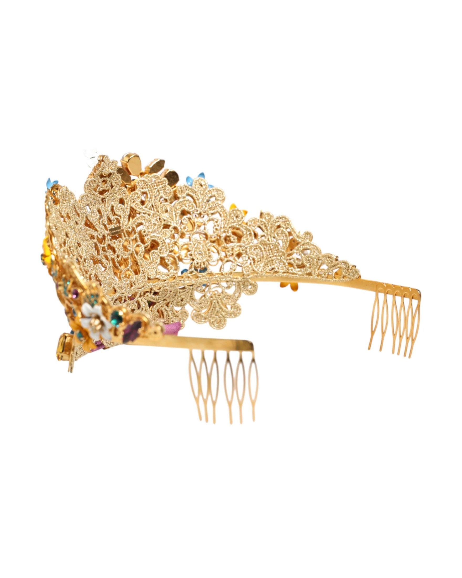 Dolce & Gabbana Gold Brass Crystal Floral Hortensia Crown Headband Tiara Glam Steals