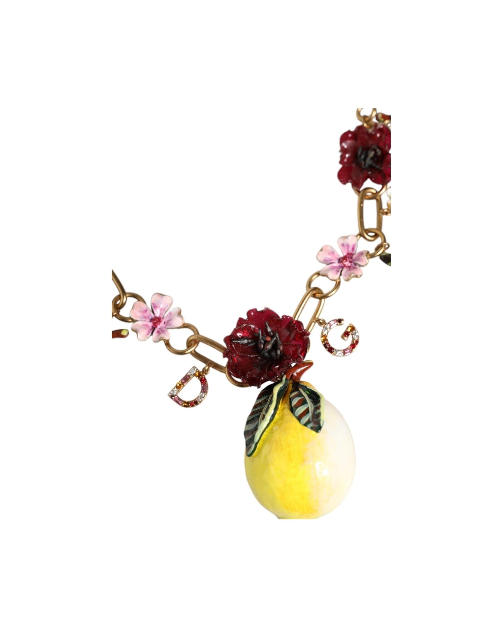 Dolce & Gabbana Brass Fruit Pendants Flowers Crystal Logo Gold Necklace Glam Steals