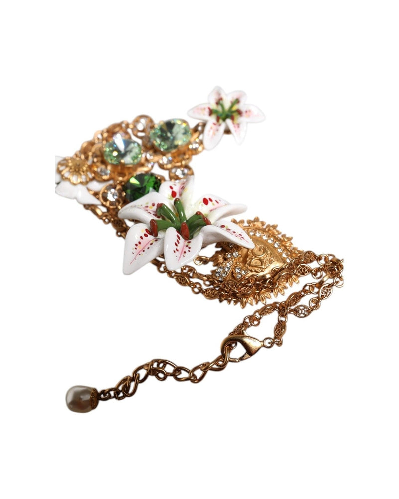 Dolce & Gabbana Brass Lily Crystal Sacred Heart Pendant Gold Necklace Glam Steals