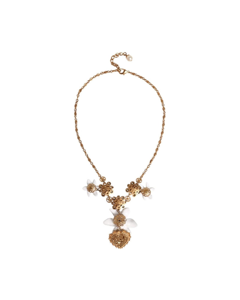 Dolce & Gabbana Brass Lily Crystal Sacred Heart Pendant Gold Necklace Glam Steals