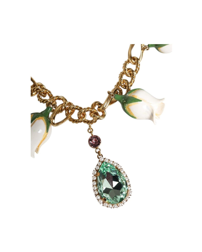 Dolce & Gabbana Brass Shorts Chain Flower Crystal Pendant Gold Necklace Glam Steals