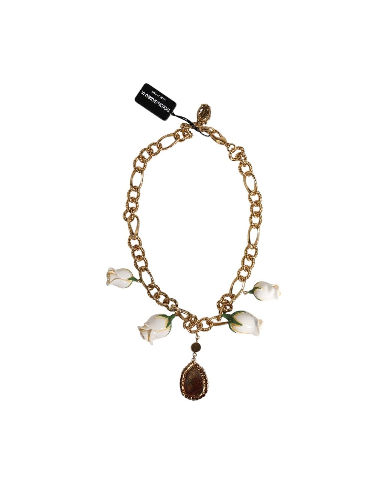 Dolce & Gabbana Brass Shorts Chain Flower Crystal Pendant Gold Necklace Glam Steals