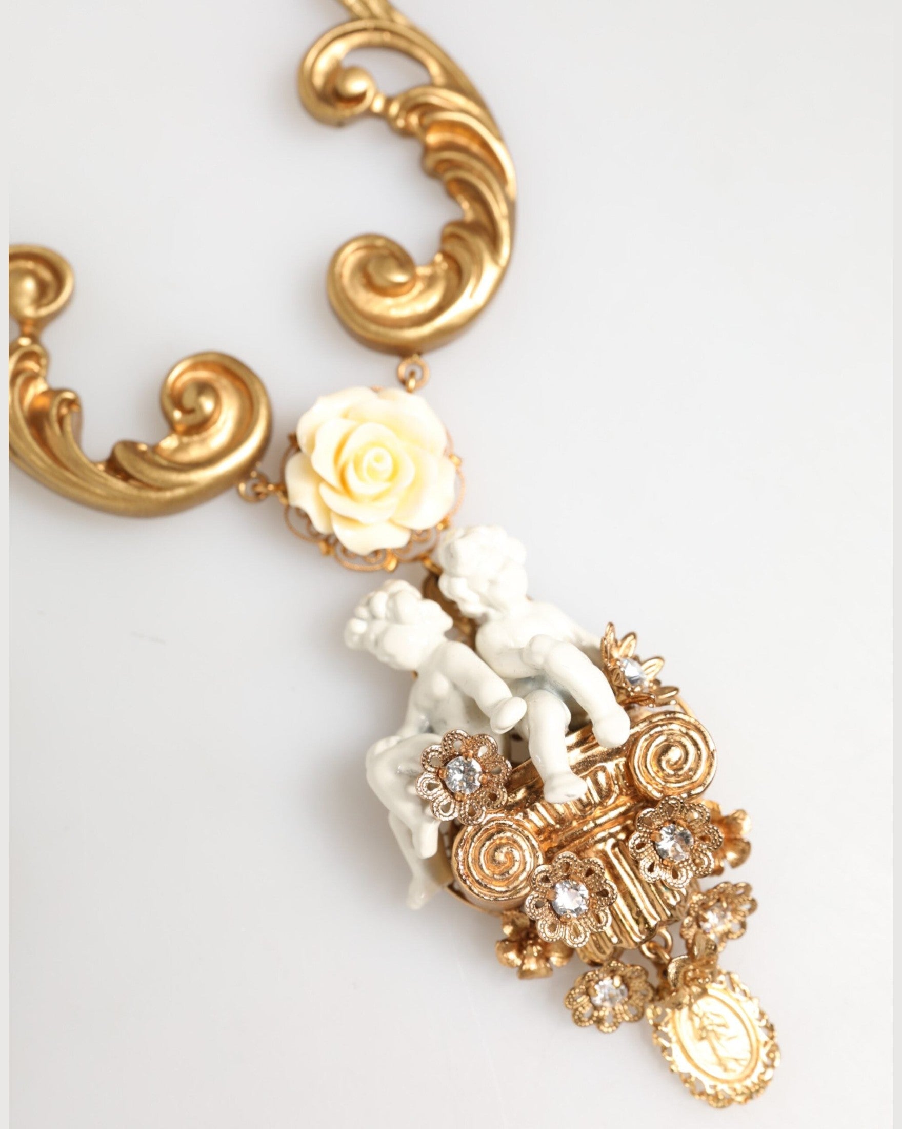 Dolce & Gabbana Gold Ceramic Crystal Cherub Baroque Pendant Necklace Glam Steals