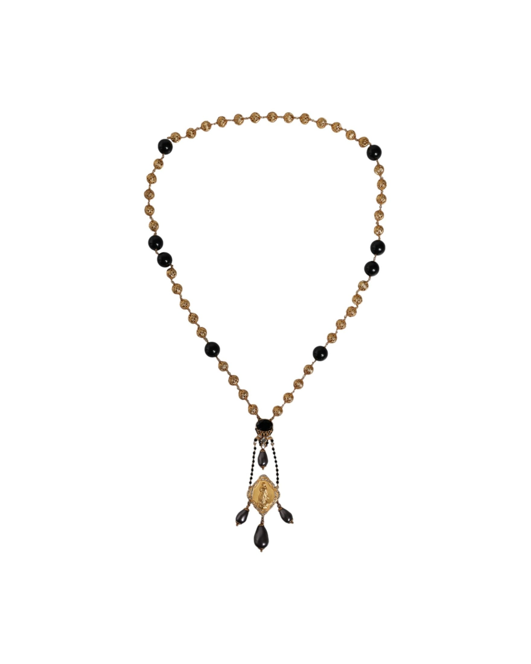Dolce & Gabbana Gold Chain Brass Black Beaded Rosary Style Necklace Glam Steals