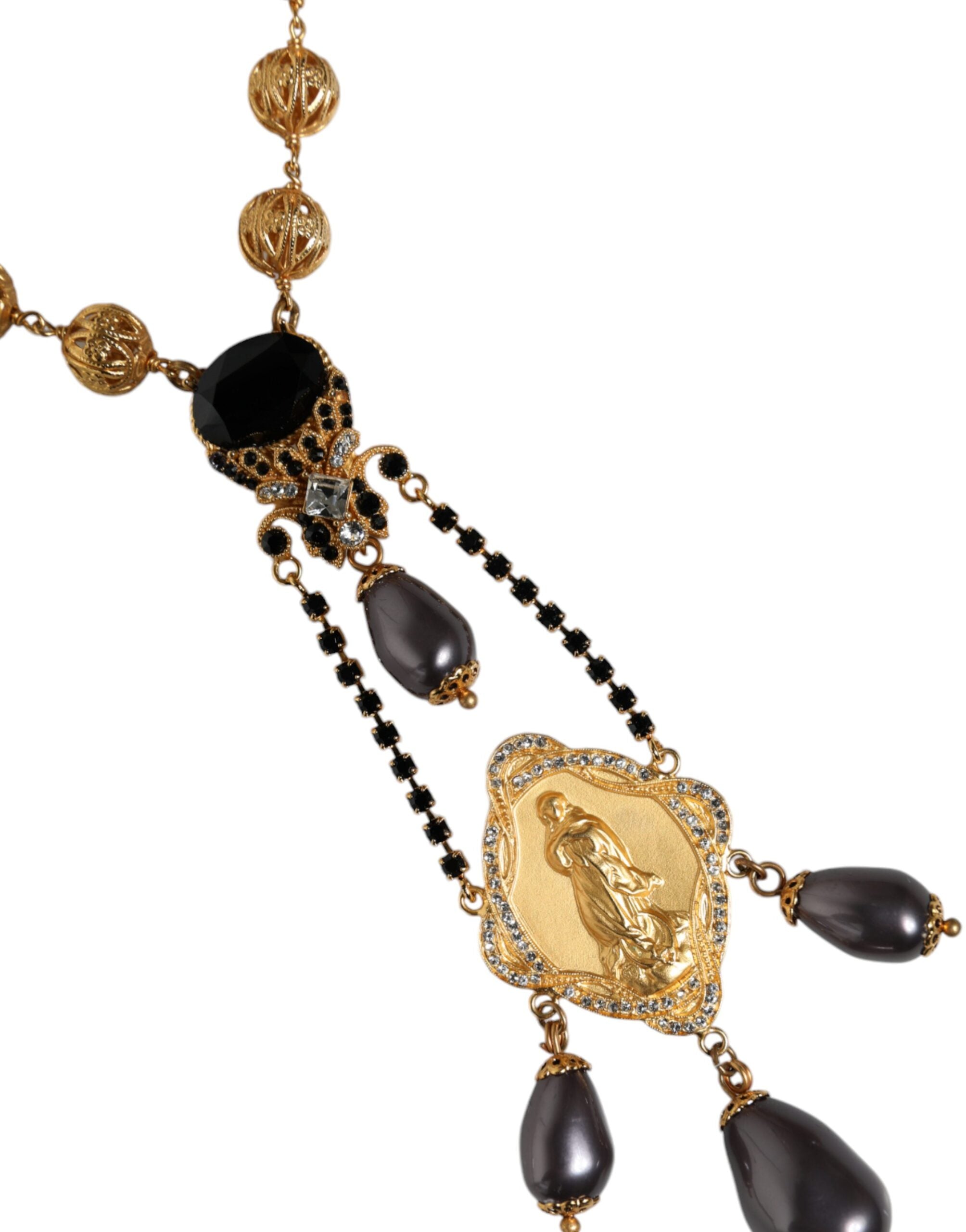 Dolce & Gabbana Gold Chain Brass Black Beaded Rosary Style Necklace Glam Steals