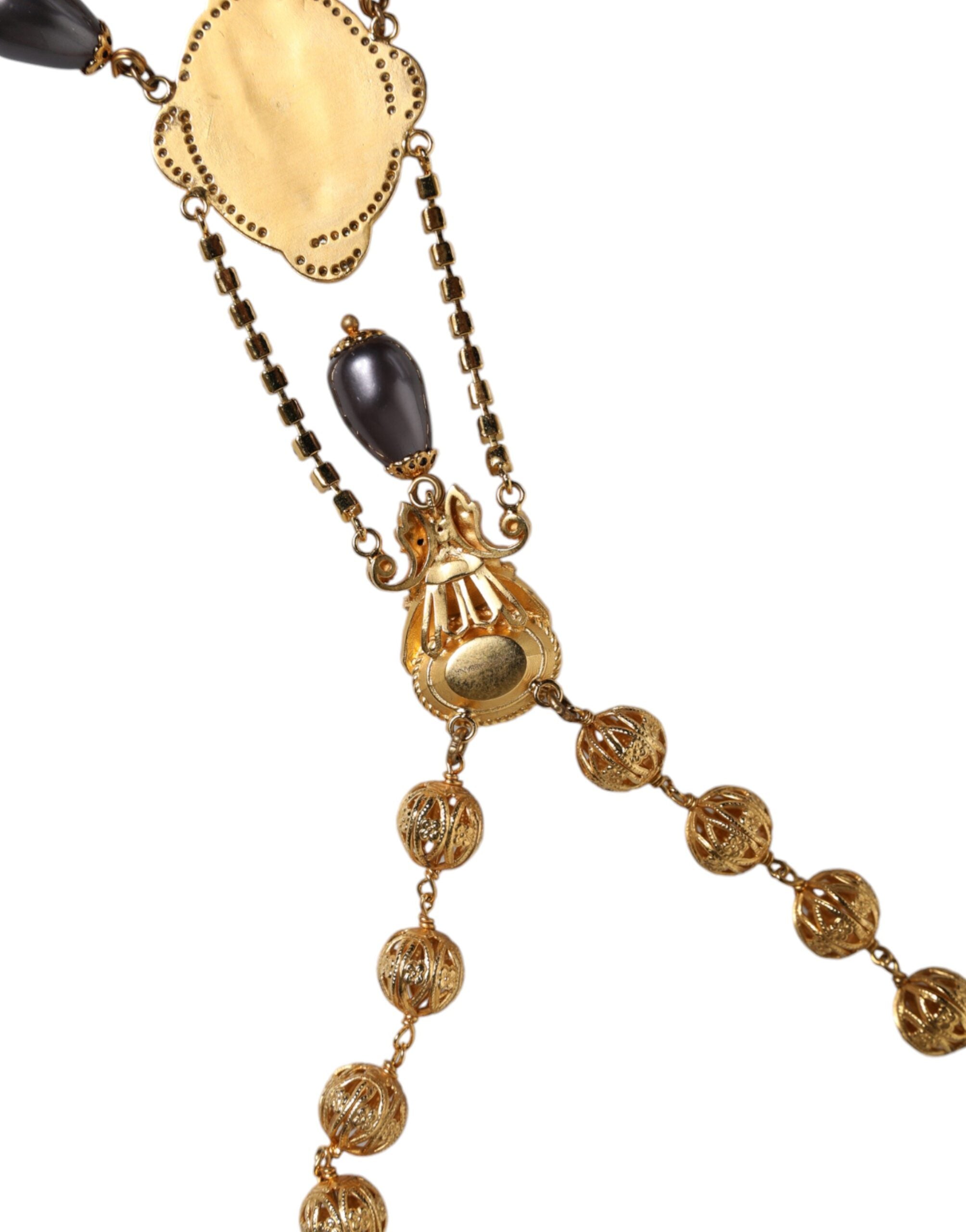 Dolce & Gabbana Gold Chain Brass Black Beaded Rosary Style Necklace Glam Steals