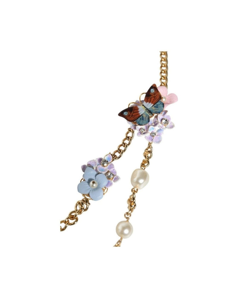 Dolce & Gabbana Chain Brass Floral Layered Crystal Pearl Gold Necklace Glam Steals
